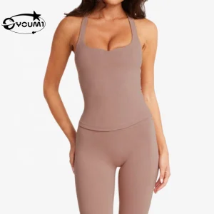 YOUMI Custom OEM Service Halter Seamless Sweat-Wicking Solid Four-Way Stretch Backless Full Length High Waist 2-Piece Set Yoga