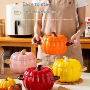 Modern Style Large Capacity Ceramic Soup &amp; Stock Pot with Lid Waterproof Tableware Pastoral Style Pumpkin Bowl Set for Home Use