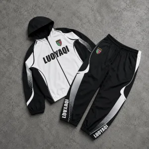 Men's Custom Tracksuit, Embroidered Patch Hooded Jacket, Layered Sweatpants, Two-piece Streetwear Style Tracksuit