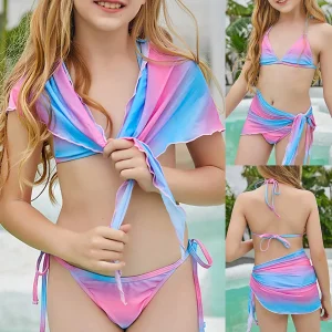 Wholesale Big Girls Cute Three Piece Swimsuit Sets Rainbow Sexy Bikini Set for Children Xxx Solid Color One Shoulder Kids Swimwear Factory