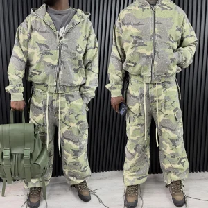 OEM Terry 400gsm 100% Cotton Tracksuits For Men Comfortable Streetwear Tracksuits Character Allover Camo Rhinestone Men's Sets