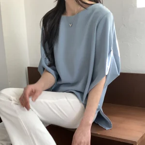 Korean Made Women's Blouse with Half Sleeve Puff Detail Soft Touch Neck Asymmetrical Hem 100% Polyester High Street Style Top