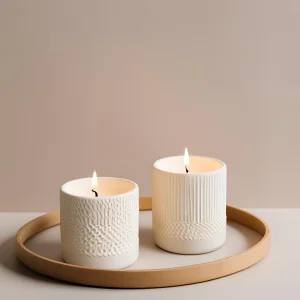 Matte White Vertical Stripe Ceramic Candle Holders Set of 2