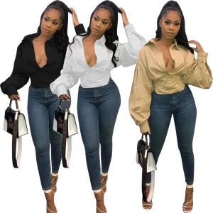 New Arrival Women Sexy Solid Colors Deep V-neck Long Sleeve Shirts