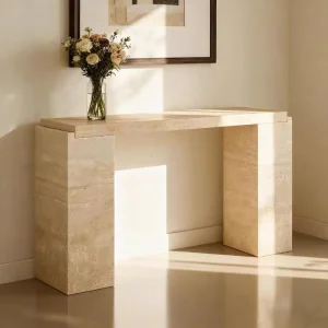 Natural Beige Travertine Console Table Minimalist Monolithic Stone Entryway Table for Living Room Hallway