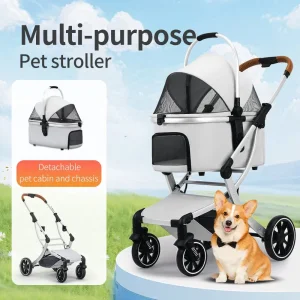 Carrito de lujo plegable al por mayor para mascotas pequeñas, cochecito para perros y gatos con 4 ruedas, transportador ligero de malla