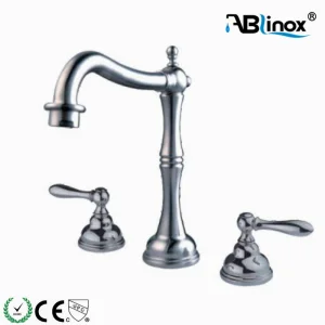 Stainless Steel Three Holes Deck Mounted Two Lever Handle Basin Mixer