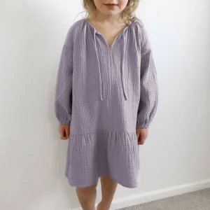 Girls' Purple Gauze Cotton Long Sleeve Dress, Casual Loose Ruffle Hem Kids' Dress, V-Neck Drawstring Casual Playwear