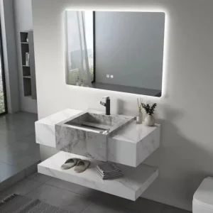 American Style Freestanding Bathroom Vanity with Natural Wood Veneer and Ceramic Sink Top