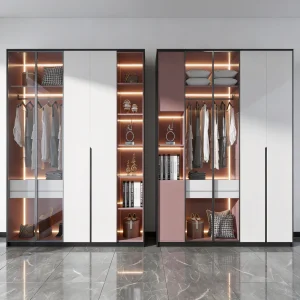 Modern Two-tone Wardrobe with Glass Doors &amp; LED Light, Built-in Closet with Open Shelves for Bedroom