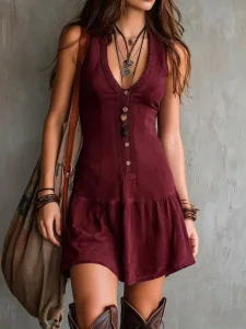 Macacão sem mangas feminino com decote em V e botões na frente, vestido mini boho com detalhes em renda, macacão casual de verão na cor vinho