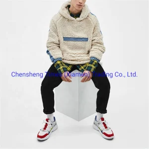 OEM Men Wholesale Outdoor Clothes Front Pouch Pocket Fleece Denim Stripe Hooded Sherpa Warm Jacket