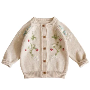 Fashion for Children's Kids Gril Cotton Knitted Coat Flower Print Long Sweater
