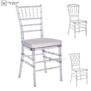 Clear Plastic Resin Chivari Tiffany Hotel Chiavari Chairs and White Cushions Wholesale Sale Stackable Transparent Crystal Acrylic Party Wedding Chair for Event