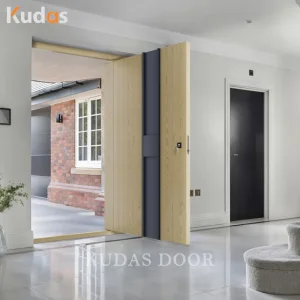 Puerta pivotante exterior de madera de entrada principal moderna de doble hoja y sencilla de seguridad