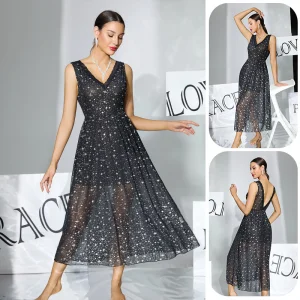 Vestido de dormir de malla brillante estrellada de lujo con espalda profunda y sin espalda, vestido de cita de longitud media para mujer