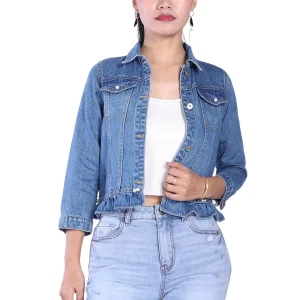 Custom Light Blue Pleated Ruffle Hem Cropped Denim Jackets for Women