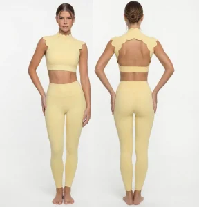 Ladies Hollow Back Scallop Active Wear Yoga Set Sleeveless Crop Top &amp; High Waist Pants Workout Gym Clothes Track Suit