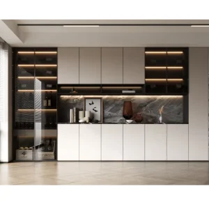 Buffet de Jantar em Painel de Partículas com Portas de Vidro e Faixa de Luz LED