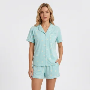 Customizable Machine Embroidery Bamboo/Cotton/Spandex Knitted Breathable Casual ODM Women's Summer Sleepwear Buttoned