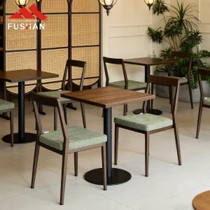Wholesale Wood Look Metal Restaurant Table and Chair Set Nordic Fabric Cushion Seat Commercial Cafe Bistro Dining Furniture Sets