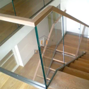 Apartment Staircase U Channel Glass Railing with Wood Tube Handrail
