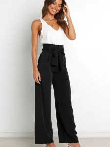 Ladies' Fashionable Ice Silk Pants Loose Lacing High Waist Women Trousers Working