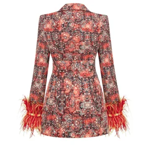 Elegant Floral Print Women's Blazer with Feathers and Belt