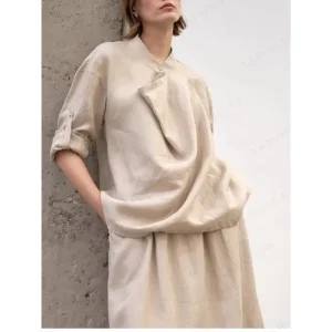 Women's New Linen French Cowl Neck Blouse Roll up Sleeve Loose Top