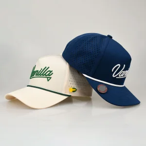 Custom Embroidered Logo 5 Panel Rope Baseball Caps Waterproof Polyester Laser Cut Hole Perforated Golf Hat with Ball Marker