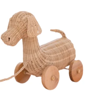 Playful Rattan Dog Pull Along Toy With Wooden Wheels Eco-friendly Durable Rattan Toys for Kids Suitable for Any Playroom