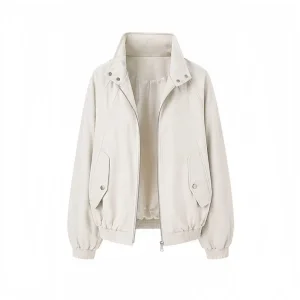 Jaqueta Bomber Unissex, Jaqueta Casual com Gola Alta e Zíper, Sobretudo Oversized Personalizável em Bege Sólido para Homens e Mulheres