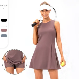 Hot-sale Womens Modest Activewear Set Tennis Golf Outfits Sleeveless Casual Exercise Dress With Detached Shorts + Side Pockets