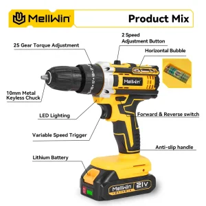 Mellwin 25+3 Torque Electric Impact Drill Tool Set 2 Speed Adjustable Screwdriver