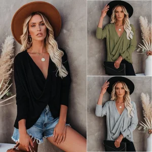 Estilo Casual Sólido Camisetas de Manga Longa Decote em V Moda Roupas Femininas