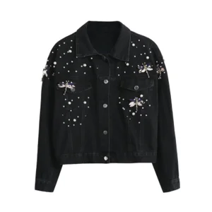 High-Quality Wholesale Autumn Pearl-Dragonfly-Decorated Lapel-Collar Single-Breasted Cropped Chic Women's Denim Jacket