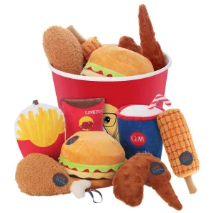 Juguete interactivo de peluche creativo para mascotas, hamburguesa de pollo frito, cubo familiar, juguete masticable y chirriante para perros