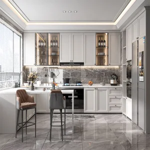 Foshan Factory Modern Custom Kitchen Storage Cabinet Shaker Design Solid Wood Lacquer Kitchen Cupboard for Villa Project