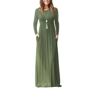 New Women's Long Sleeve Loose Plain Maxi Dresses Casual Long Dresses With Pockets