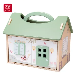PHOOHI Kids Furniture Wooden Handheld Doll House, Wooden Two Story Villa Doll House Toy Set, with Mini Wooden Wood Unisex