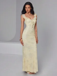 Vestido largo de mermaid con tirantes de espagueti y volantes en amarillo pálido con flores para mujeres, escote en V, ajustado, ideal para invitadas de boda
