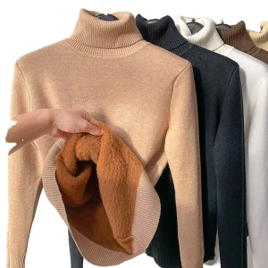 Women's Knit Tops Casual Turtleneck Thick Sweater Top with Long Sleeves Autumn Winter Solid Slim Fleece Pullover Top for Spring