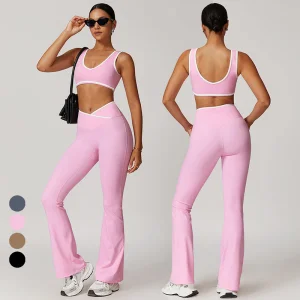 Custom Logo 2PCS Patchwork Sport Yoga Wear Butt Lift High Waist Flare Leggings Fitness Bra Gym Women Workout Set Activewear