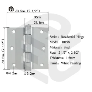 1.5mm White Painted Steel Door Hinge 2-1/2"X2-1/2" for Cabinet/Window Shutter
