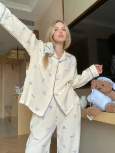 Sweet and Cozy Loungewear Design Spandex Cotton Women's Sleepwear Long Sleeve Pajamas Sets