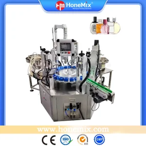 Honemix Fully Automatic Rotary Turntable Perfume Bottle Filling Sealing Process Perfume Fragrance Vacuum Filling Machine Glass Bottle Filler