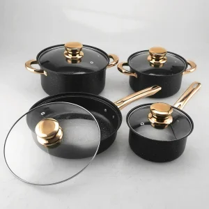 Ceramic Stone Cookware Set Wholesale 8PCS Non-Stick Frying Pans with Golden Handles