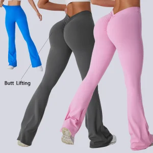 Pantalones de yoga de alta calidad con piernas acampanadas, transpirables, sólidos para mujeres de talla grande, cintura alta, cintura en forma de V, levantamiento de glúteos, leggings deportivos