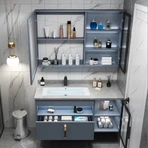 وحدة خزانة حمام عائمة مثبتة على الحائط من الألمنيوم الرمادي مع مرآة وحوض
