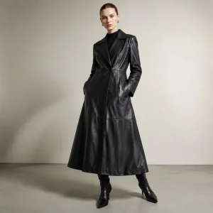 Women's Black Genuine Sheepskin Leather Trench Coat